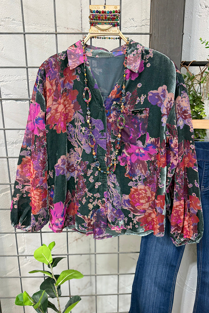 Pocketed Artistic Floral Velvet Top
