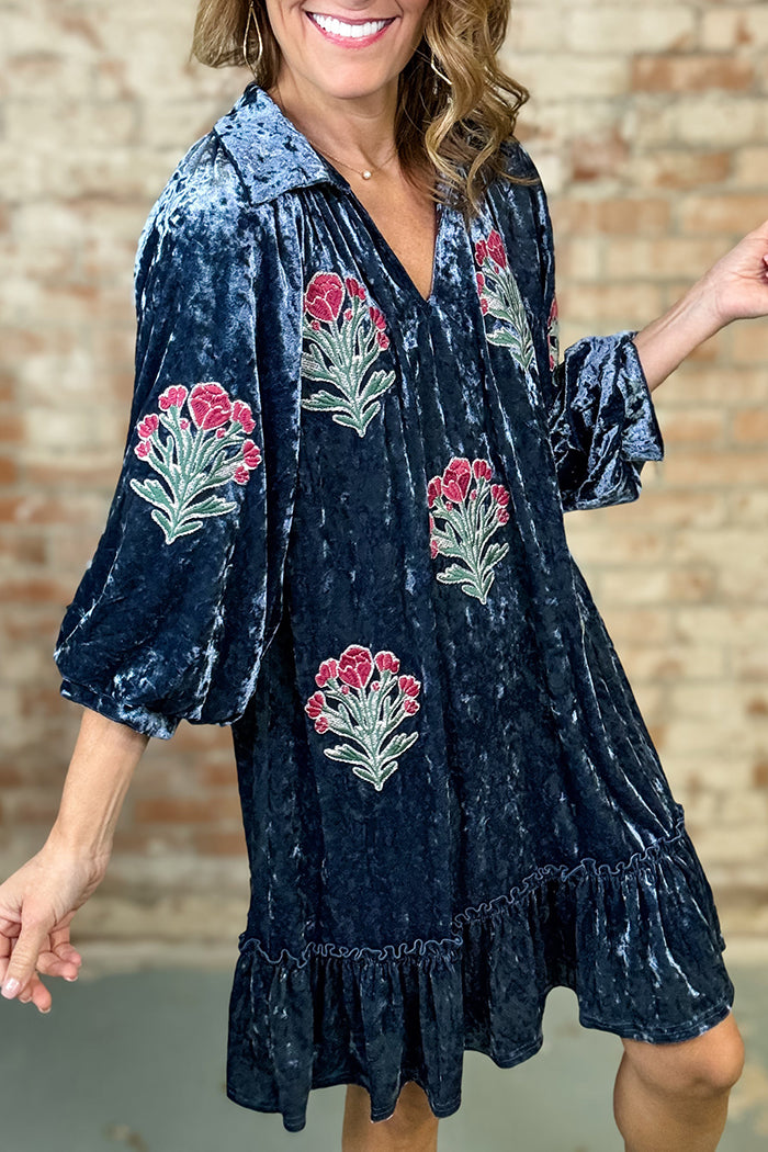 Velvet Floral Embroidered Shirt Collar Ruffled Mini Dress