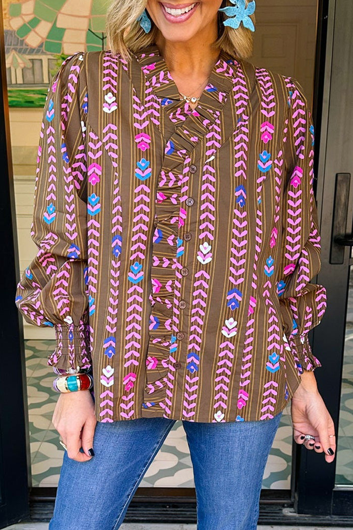 Floral Vine Print Ruffled Smocked Cuff Top