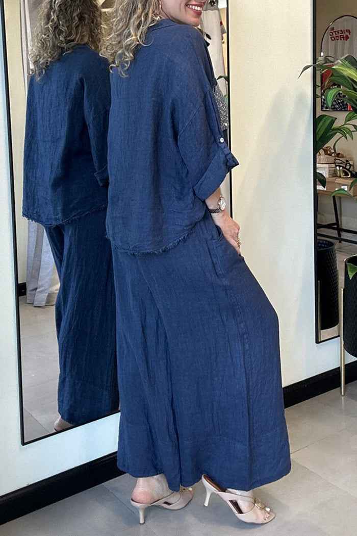 Sequin Pocket Button Down Wide Leg Pants Set