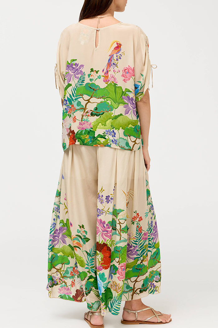 Border Floral Drawstring Waist Wide Leg Two Piece Set