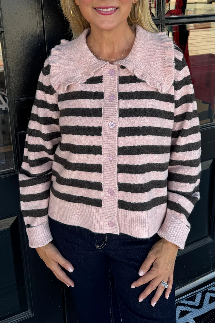 Striped Knit Ruffle Collar Button Front Long Sleeve Cardigan