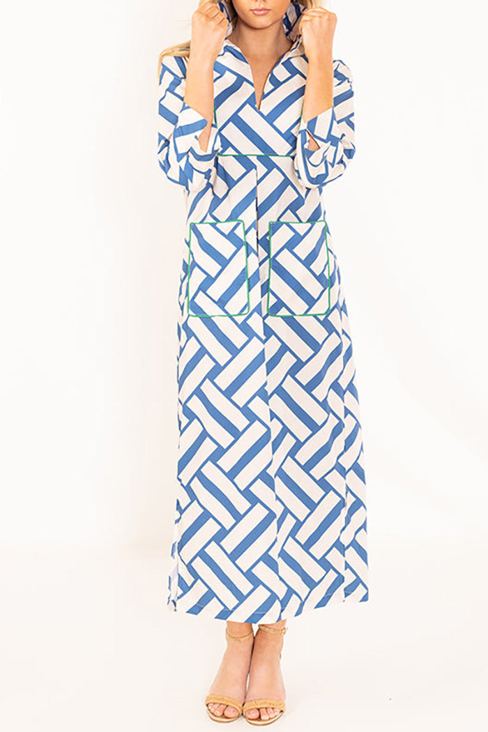 Basket Weave Print Patch Pocket Long Dress