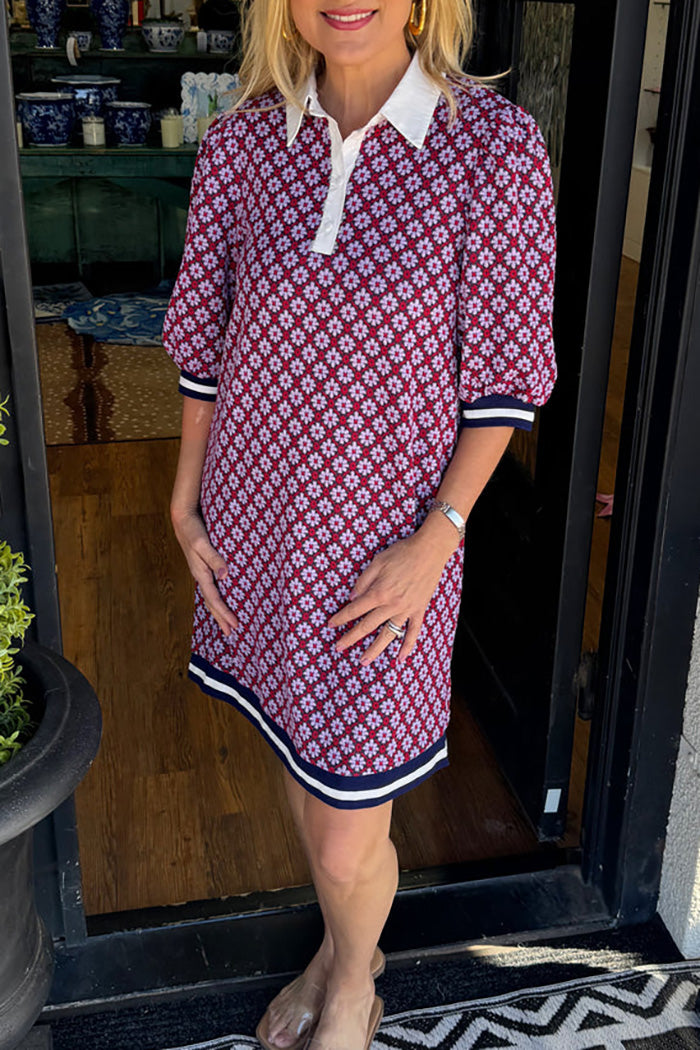 Contrast Trim 3/4 Sleeve Geo Print Dress