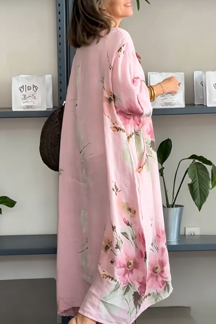 Pink Watercolor Floral Linen Cotton Maxi Dress