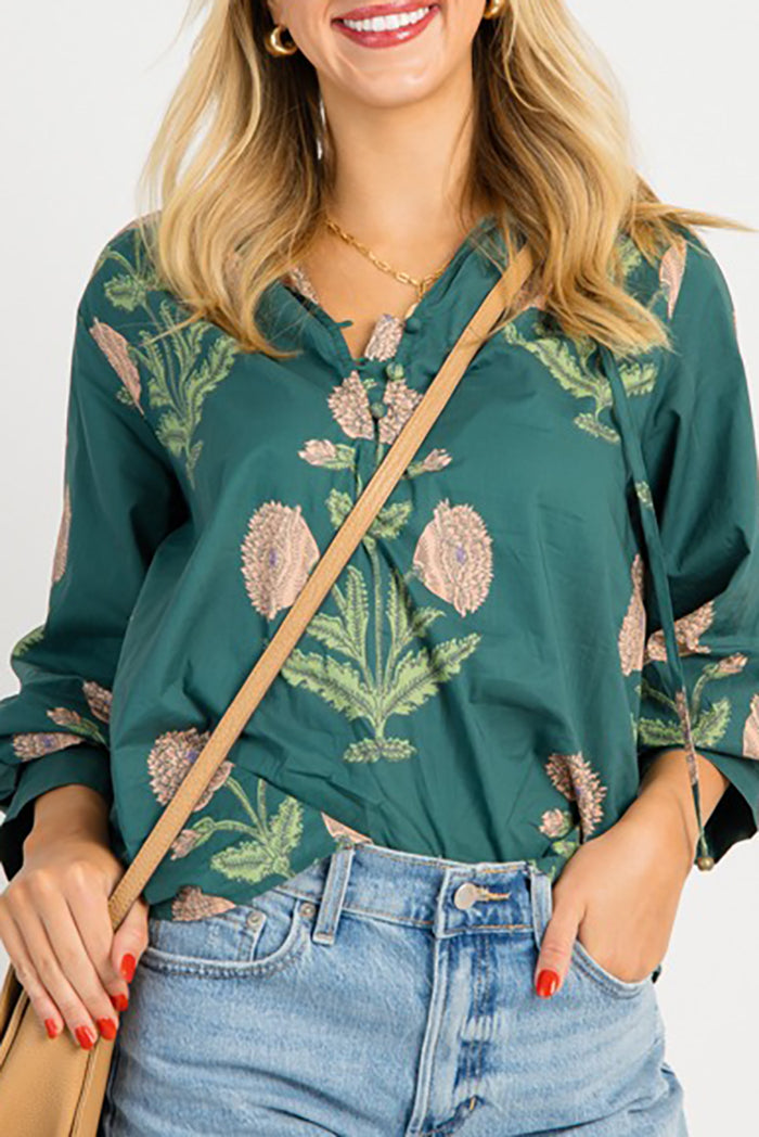 Floral Ruffle Collar Balloon Sleeves Top