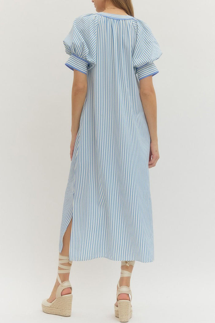 Stripe Short Sleeve Pocket Midi Dress