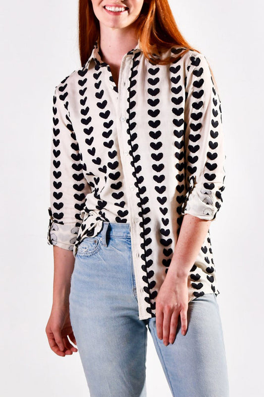 Black Heart Print Button Down Shirt
