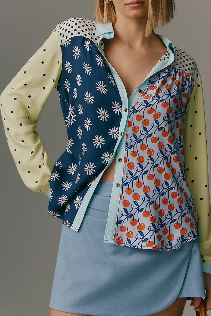 Mixed Print Patchwork Long Sleeve Shirt Top