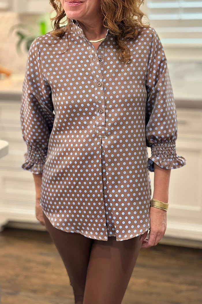 3/4 Sleeve Button Polka Dot Top
