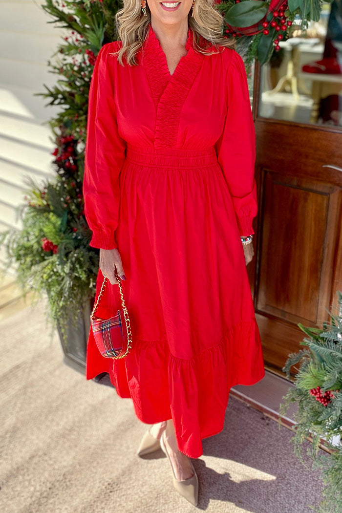 Red Tiered Hem Smocked Waist Midi Dress