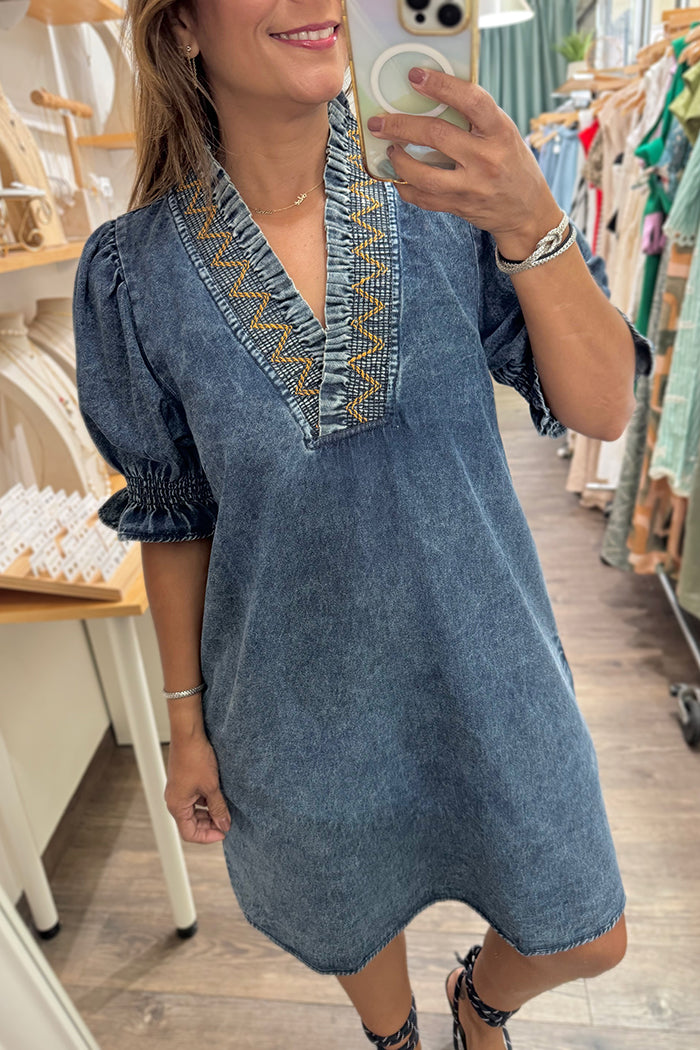 Acid Wash Puff Sleeve Denim Dress
