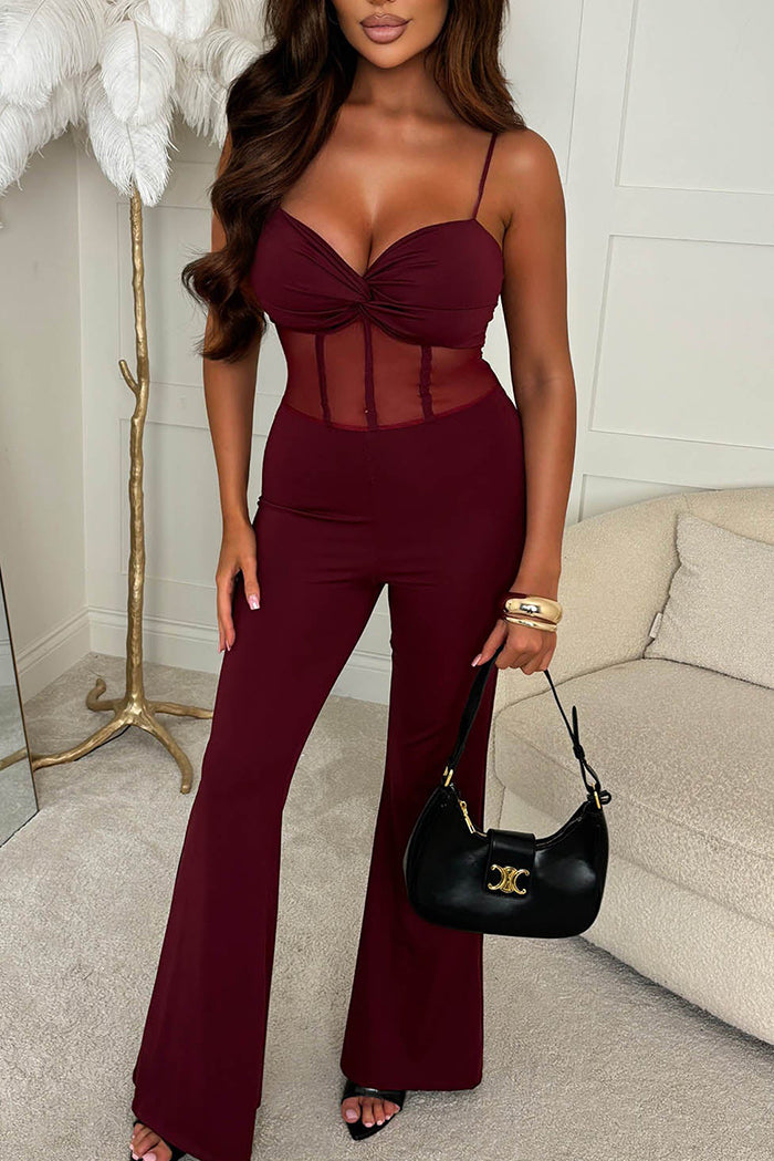 Sheer Waist Flared Leg Jumpsuit