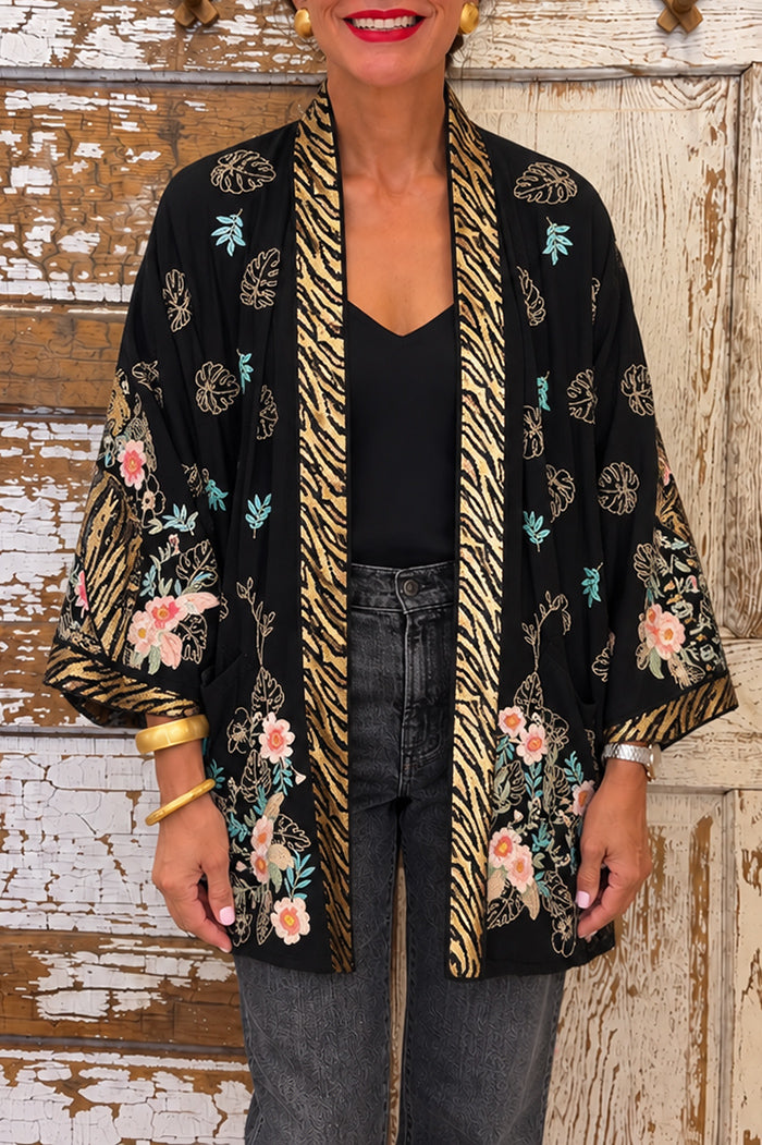 Tiger Floral Print Pocket Kimono