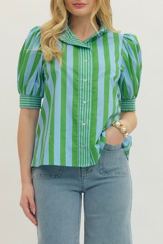 Striped Ruffle Collar Puff Sleeve Top
