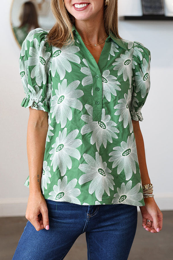 Embroidered Puff Sleeve Top