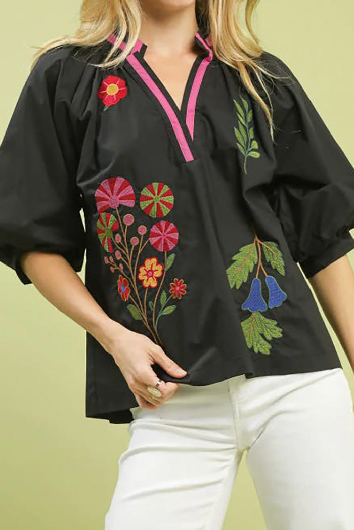 Embroidered Floral V-Neck Top