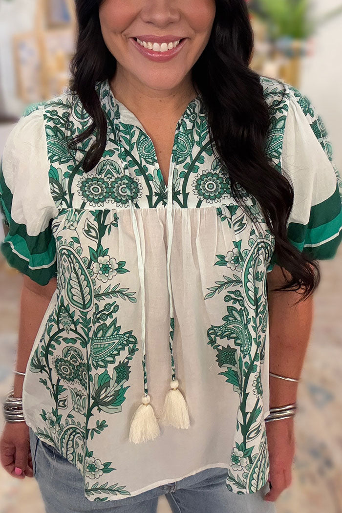 Floral Puff Sleeve Tassel Top