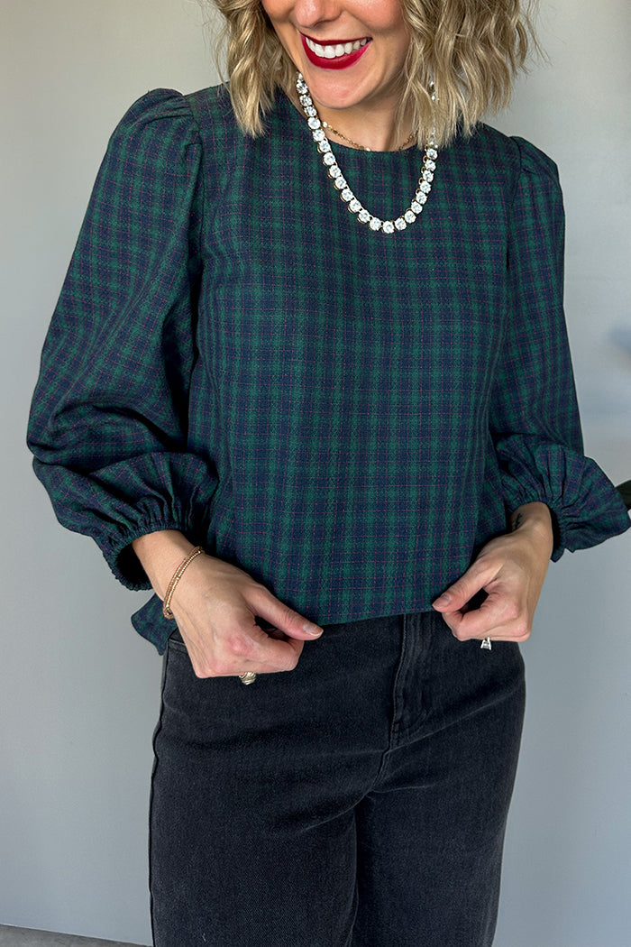 Plaid Crew Neck Puff-Sleeve Blouse