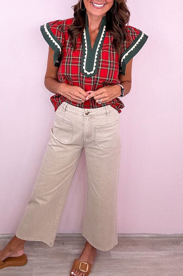 Flutter Sleeves Scallop Edge Checked Top
