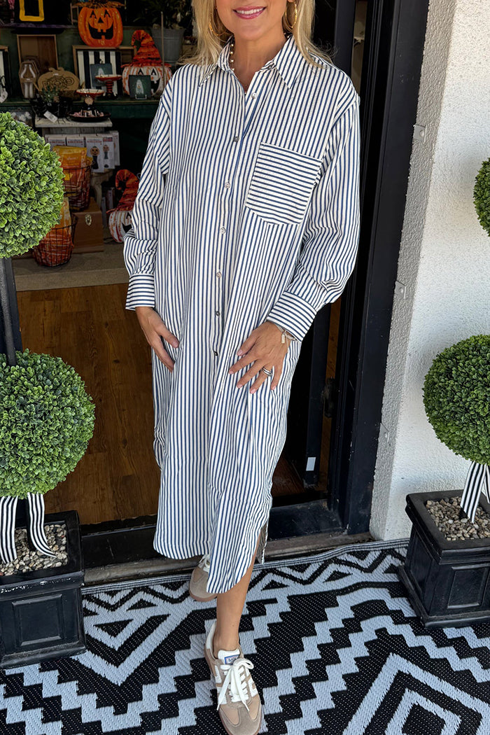 Ruffles Collar Pinstripe Dress