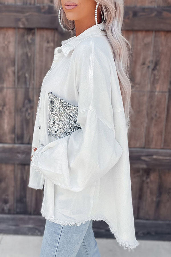 Sequin Patch Pocket Denim Jacket