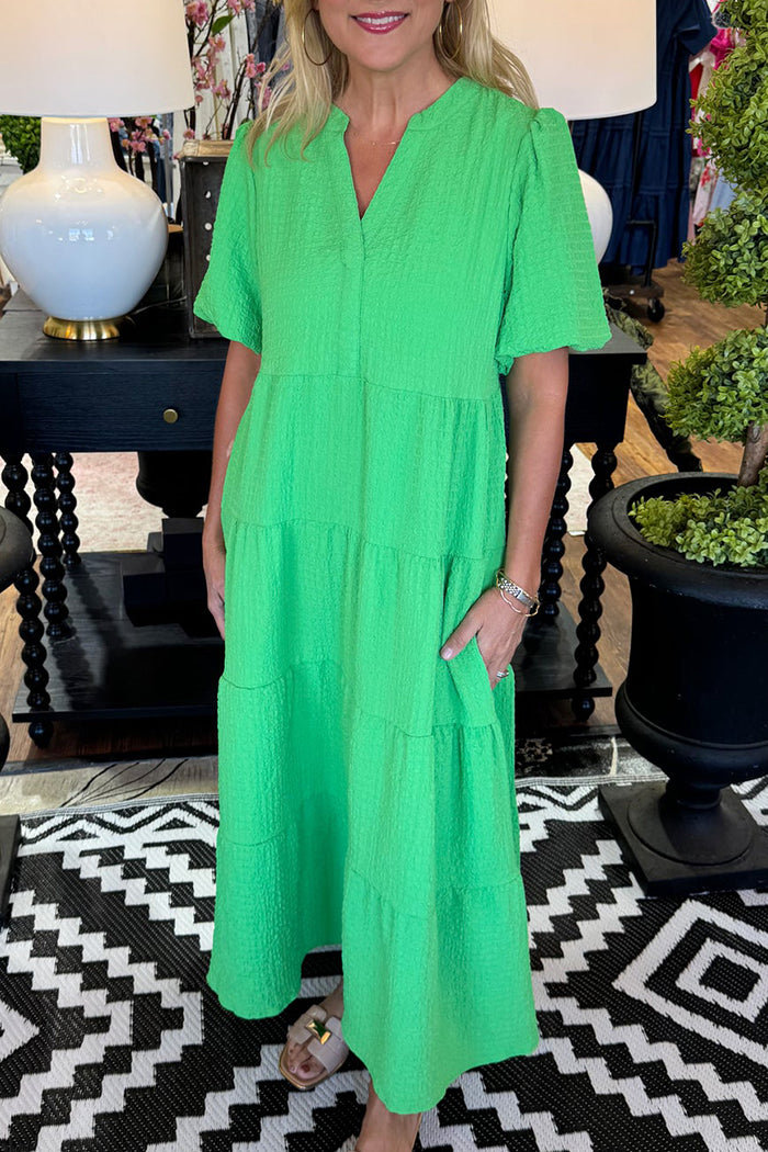 Green Tiered Pocket Puff Sleeve Dress