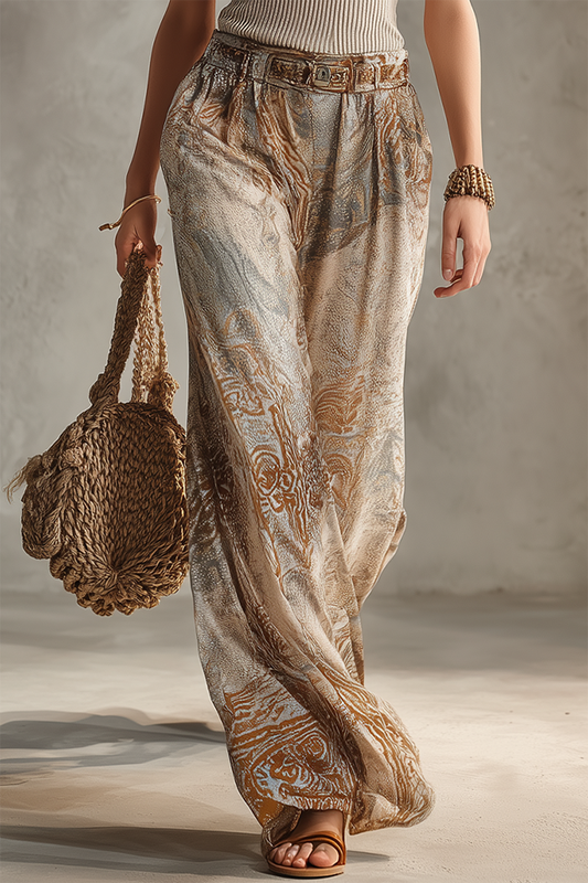 Retro Patterned Wide Leg Trousers