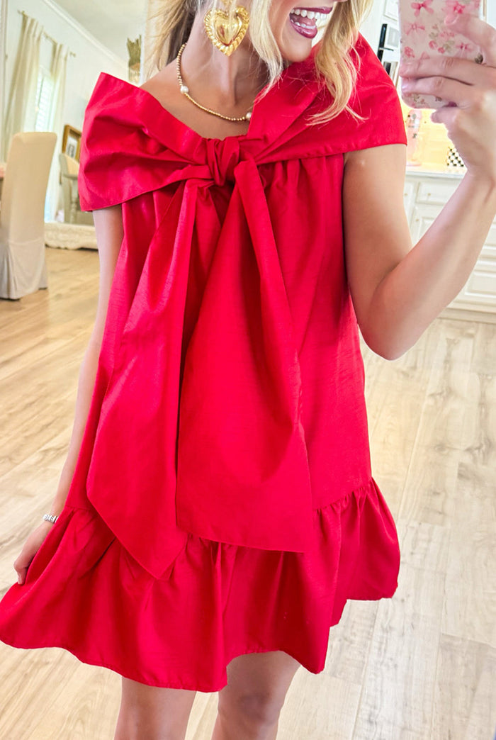 Bow Off-Shoulder Ruffled Mini Dress