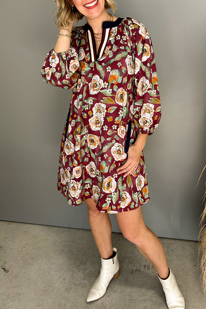 Floral Print Contrast Trim Puff-Sleeve Pocket Mini Dress