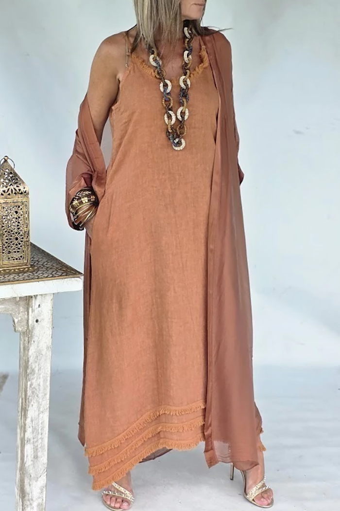 Fringe Neck Hem Pocket Maxi Dress