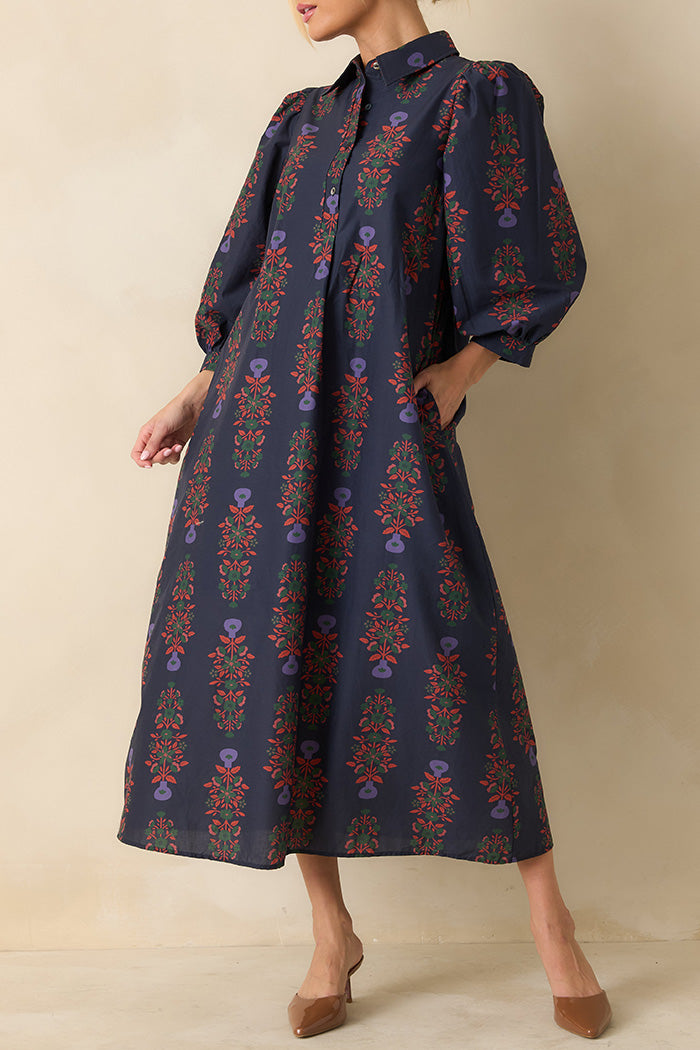 Navy Multi Floral Print Button Up Pocketed Maxi Dress
