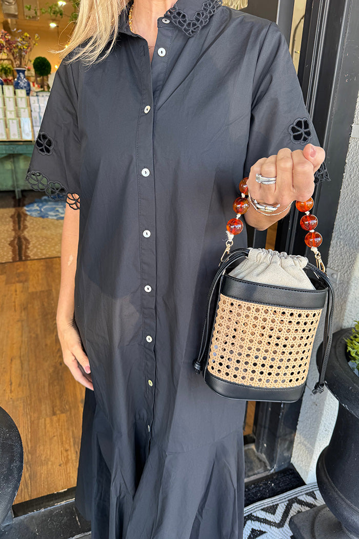 Button Front Black Lace Cuff Dress