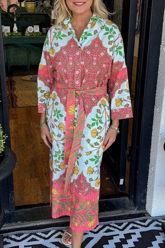 Border Print Belted Shirt Dress