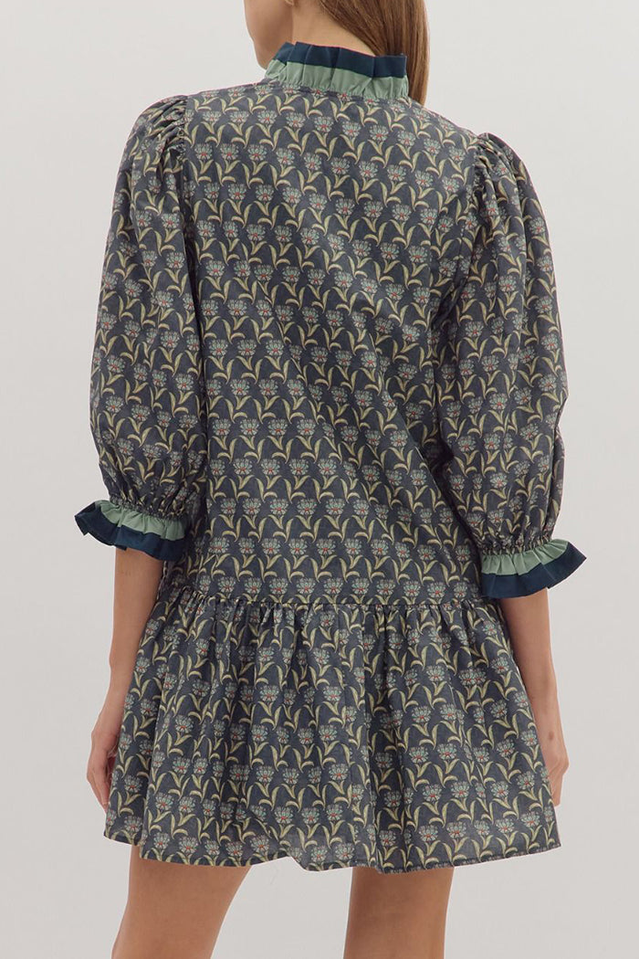 3/4 Puff Sleeves Ruffle Cuffs Pocket Dress