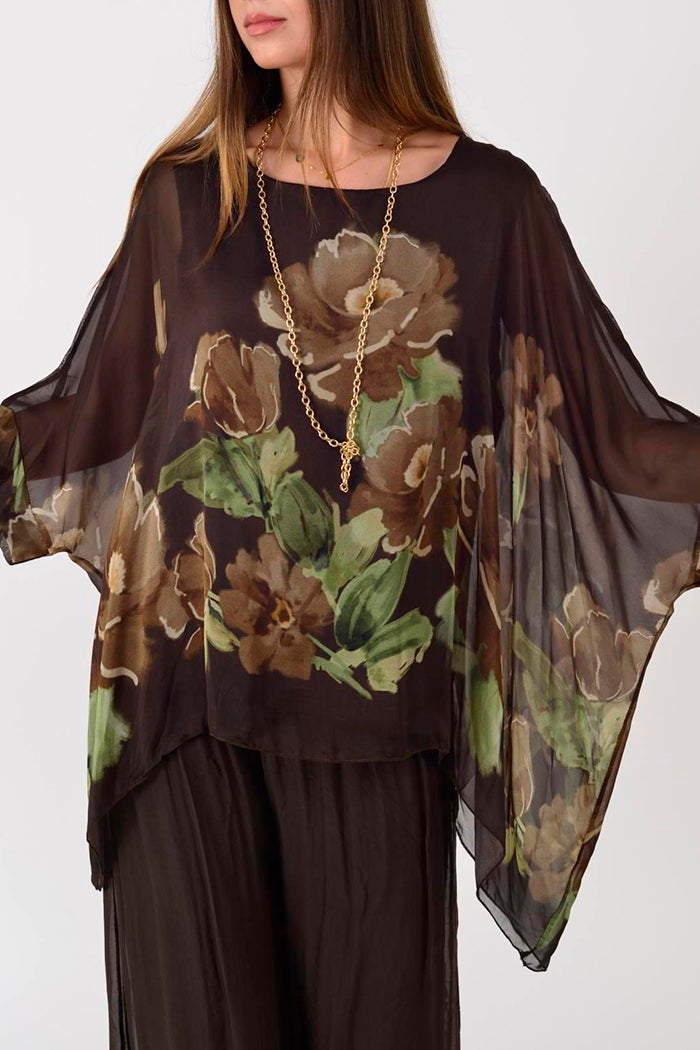 Vintage Floral Batwing Top Wide Leg Pant Set
