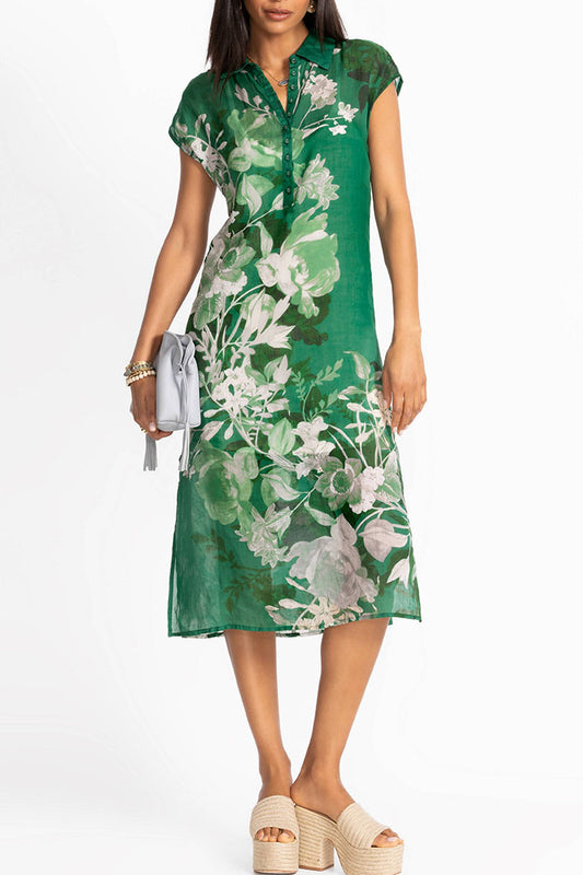 Button-Down Neckline Floral Side Slit Dress