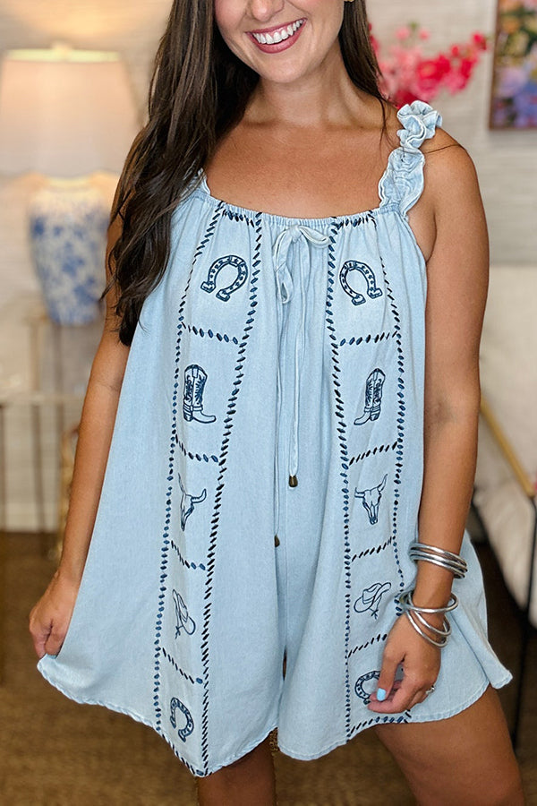Western Embroidery Ruffle Strap Romper