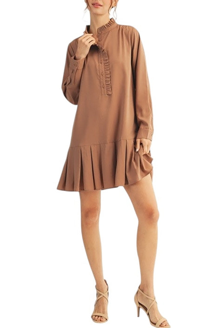 Pleated Hem Pocket Mini Shirt Dress
