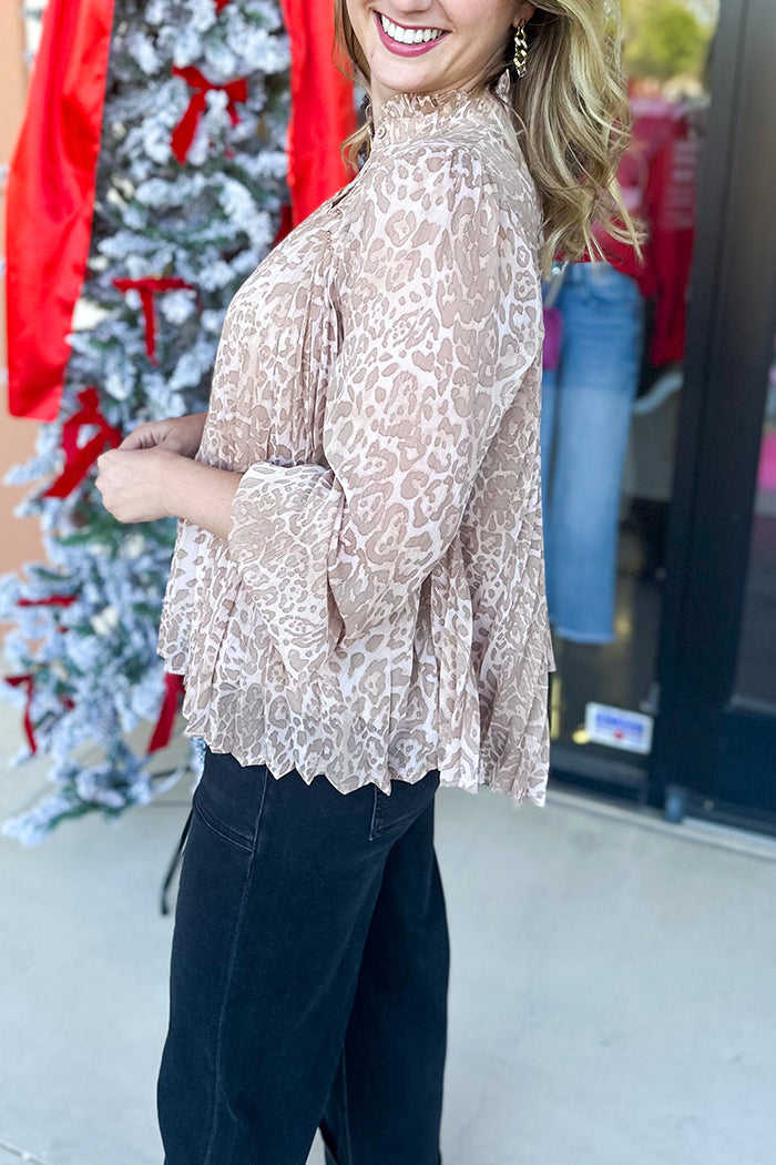 Leopard Print Ruffled Stand-Collar Blouse