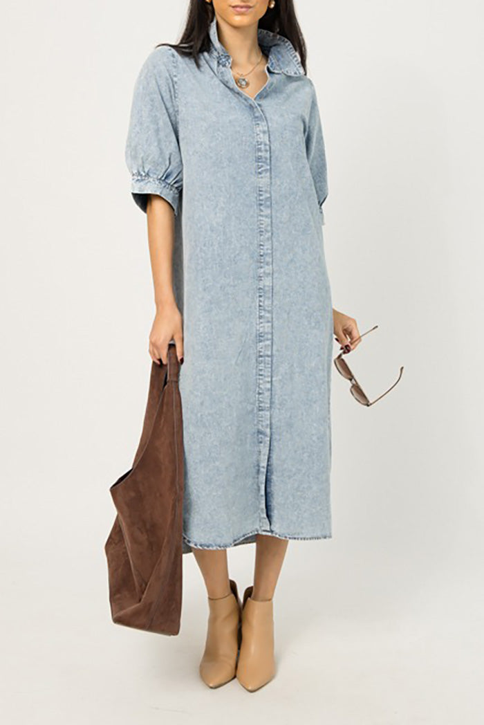 Washed Denim Collared Midi Dress