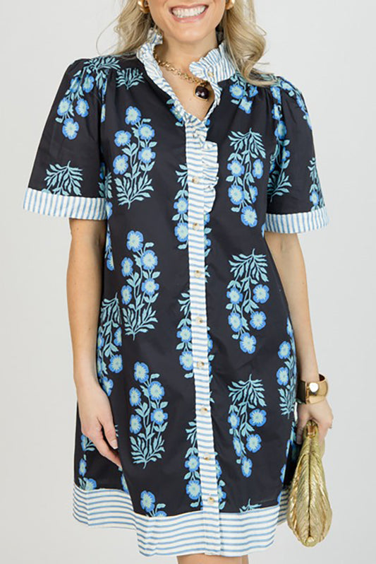 Pocketed Floral Stripe Trim Dress