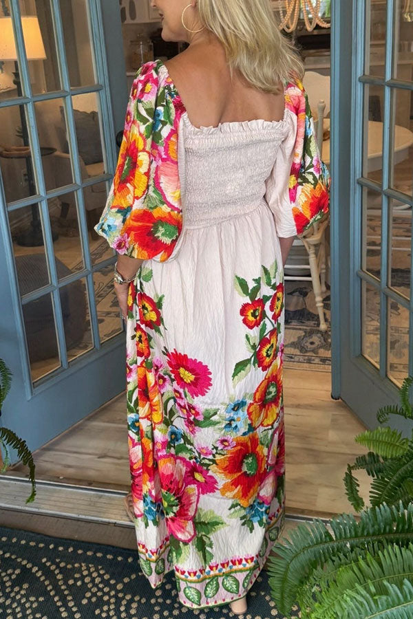 Puff Sleeve Flower Pocket Dress