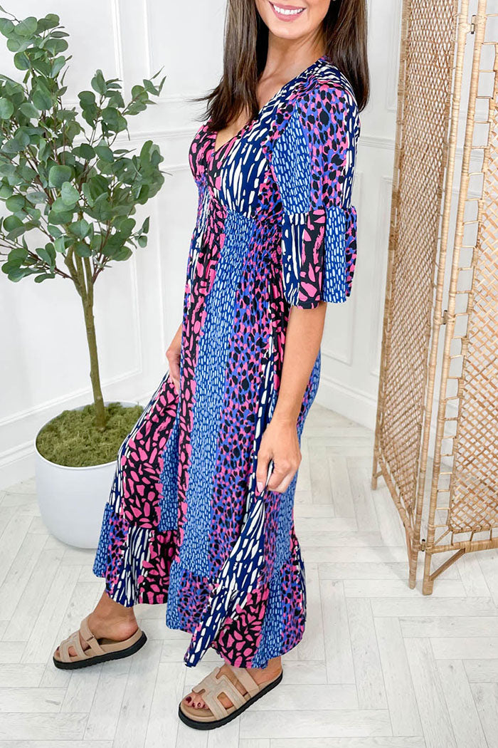 Multi-Animal Print Flowing Wide Sleeve Dress