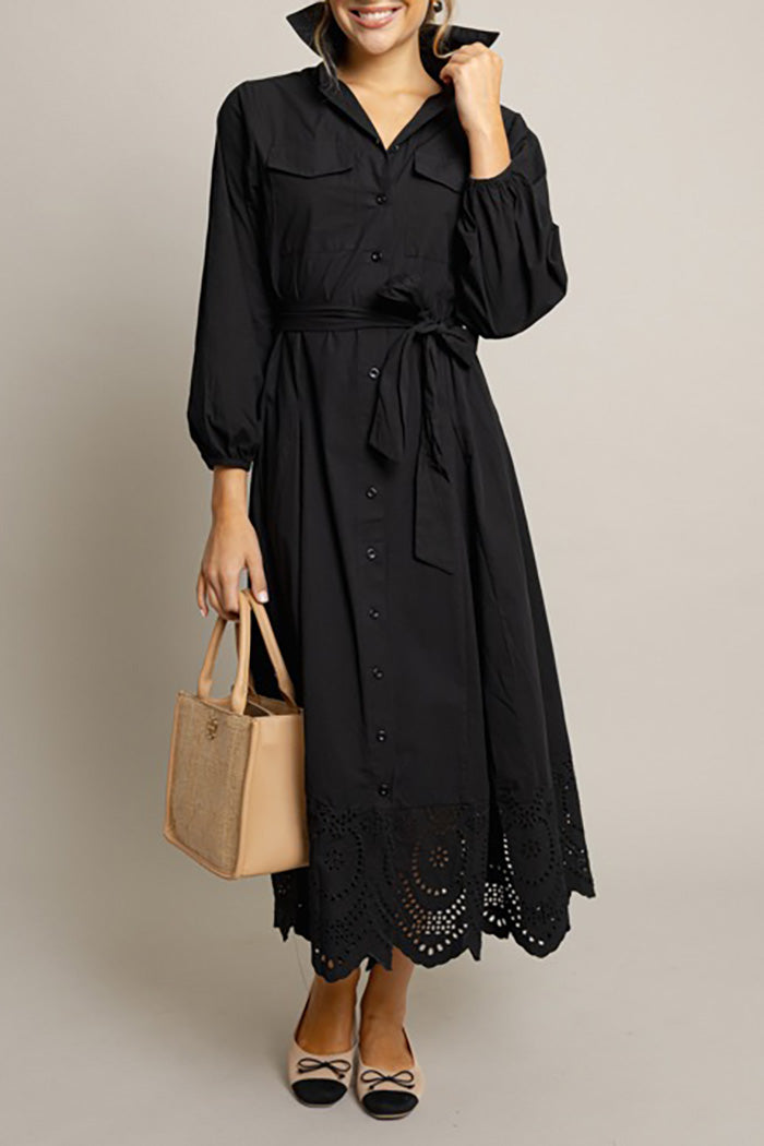 Black Eyelet Hem Pocketed Maxi Dress