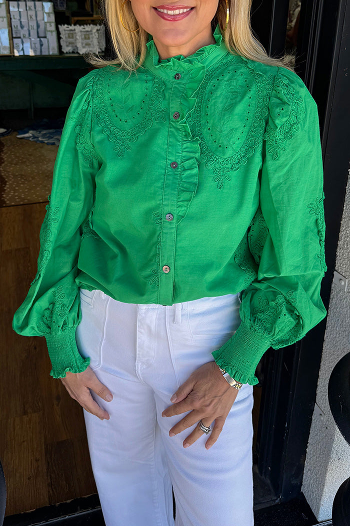 Green Ruffled Embroidery Top