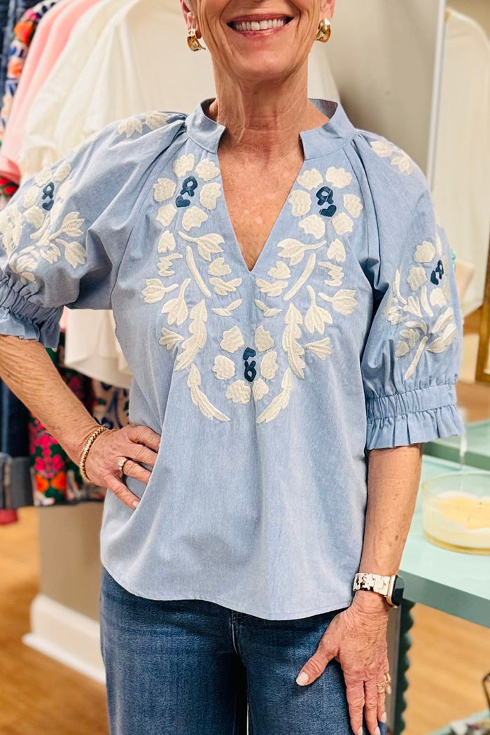 Puff Sleeve Floral Embroidery Top