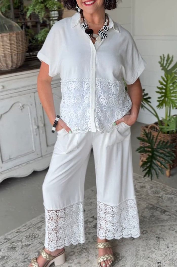 Off White Lace Hem Wide Leg Pants