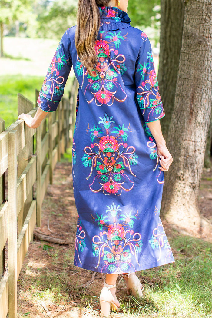 Ruffled Collar Pocketed Floral  Maxi Dress