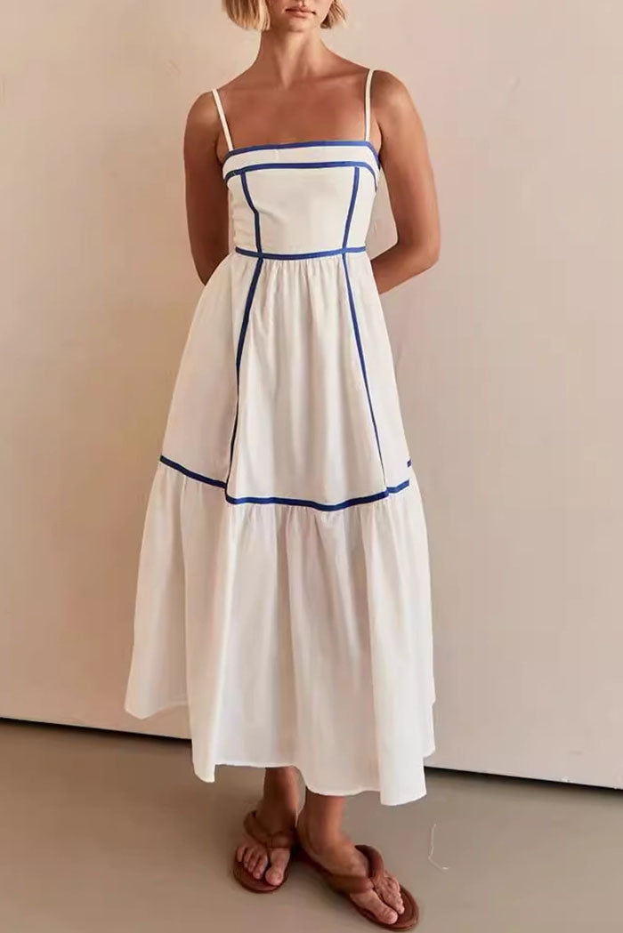 Striped Trim Solid Color Suspender Dress
